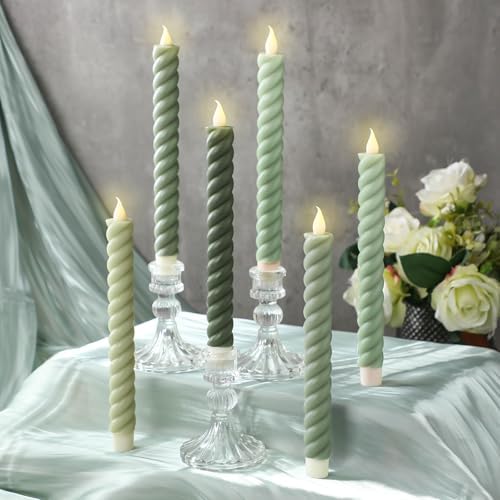 Baquler 6 Pcs Sage Green Flameless Taper Candle Twisted LED 9.65 Inch Taper Candles Battery Operated Twisted Candlesticks for Summer Wedding Birthday Home Party Holiday Dinner Fireplace Decor by Baquler