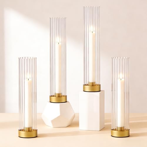 Hurricane Candle Holders Golden Taper Candle Sticks Holder, with 11" Thickened Glass Cylinder Covers Ribbed Candlesticks Holders Bulk Set of 4, Dining Table Centerpiece for Wedding by VIVIRENOIR