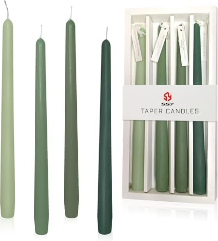 Green Tea Scented Taper Candle 10 Inch Long Gradient Green Handmade Clean Burning 4 Pack Smokeless Tapered Candle for Christmas Wedding Forest Theme Rustic Office Spa Relaxation Home Decor by XINAOBAOLUO