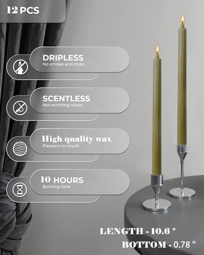 Olive Taper Candles Tall Tapered Candlesticks Set of 12 Unscented Dripless Smokeless Long Wedding Advent Home Decor Dinner Christmas-Natural Color Series-10.6 Inch - Image 3