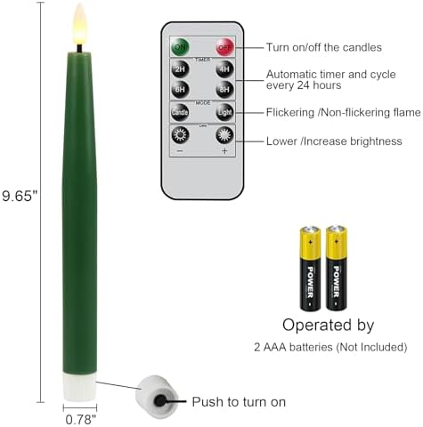 GenSwin Flameless Taper Candles with Remote Timer, Real Wax LED Flickering Candlesticks Battery Operated 3D Wick for Wedding, Party, Home(Christmas Green, 9.84", Set of 3) - Image 5