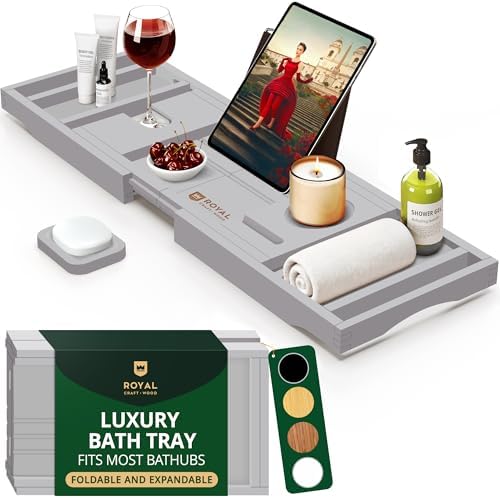 ROYAL CRAFT WOOD Premium Foldable Bathtub Tray Caddy - Wood Bath Tray for Tub, Bamboo Shelf, Expandable Bath Table Trays, Bathtub & Bathroom Accessories for New Home & Mothers, Birthday Gifts for Mom by ROYALCRAFTWOOD