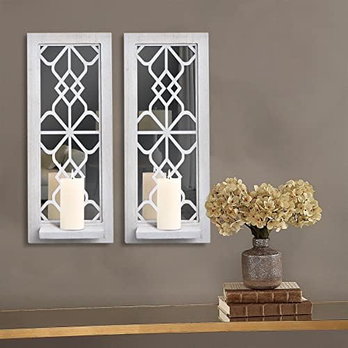 Pibeyer 2 Set Rustic Candle Holders Wall Décor Farmhouse Candle Sconces Wood Decorative Wall Art(Distressed White) by Pibeyer