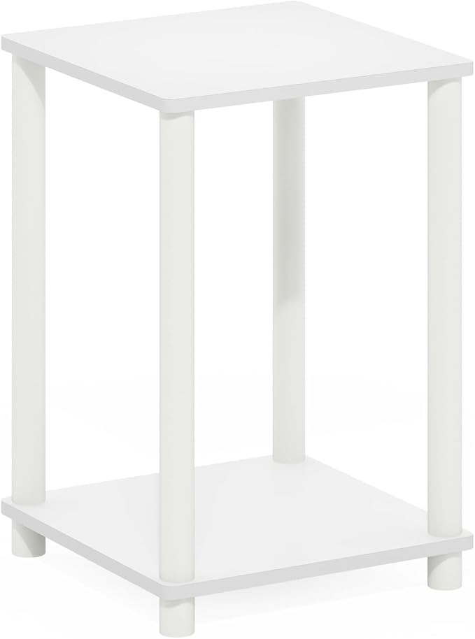 Furinno Turn-N-Tube Side Table, 2-Tier Modern Square End Table with Open Shelf, Toolless Night Stand, Bedside Table, for Living Room, Bedroom, White