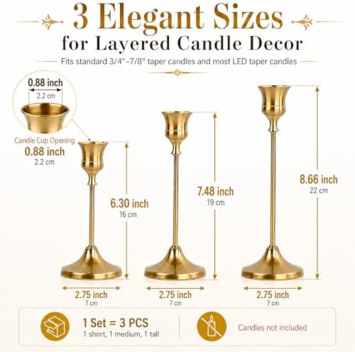 French Gold Taper Candle Holders 4 Sets(12 Pcs) - Tall Metal Candlestick Holders for Table Centerpiece, Formal Dinner, Wedding, Fireplace Mantel Decor, Fits 3/4 Inch Thick Candles - Image 3