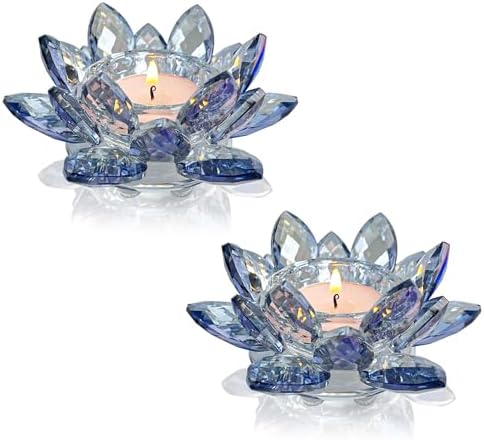 Crystal Lotus Flower Tealight Candle Holders/Glass Tea Light Candlestick Decor Decoration for Christmas Home Wedding Party… (Blue 2pcs) by KOLNLALA