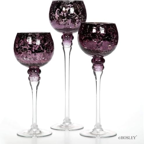 Hosley Set of 3 Crackle Purple Glass Tealight Holders 12 Inch, 10 Inch, 9 Inch Heights for Captivating Candlelight Ambiance Radiant Elegance - Image 7