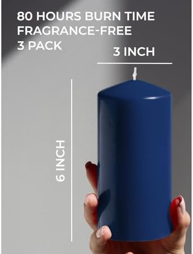 Candwax 3x6 Pillar Candles Set of 3 - Navy Blue Candles Pillar - 80-Hour Burn Time Self-Extinguishing Long Lasting Candles for Home Decor - Cone-Top Dark Blue Pillar Candles - Image 2