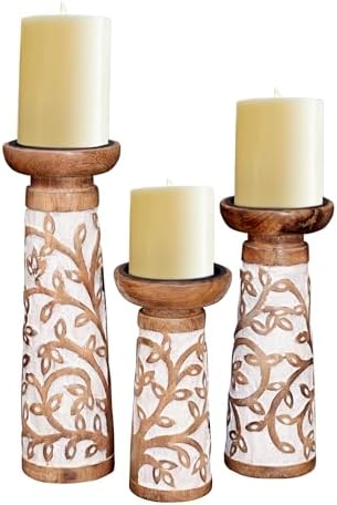 Perilla Home Wood Texture Candlestick Holders Set of 3 - Candle Holders for Candlesticks, Taper Candles, Anniversary, Dinning Table Vintage Candle Holder Centerpiece - (12x10x8 Brown and White) by PerillaHome