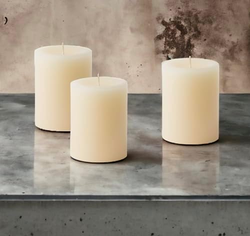 Mister Candle Dripless Unscented Ivory Pillar Candles, Set of 3 Hand Poured Solid Color Non-Scented Candles for Home Decor, Premium Wax, 60 Hr Burn Time - 3x4 Inch, Ivory - Image 2