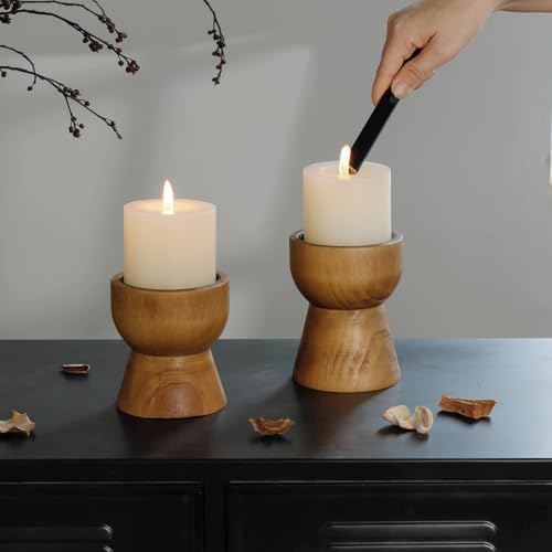 NIKKY HOME Farmhouse Wooden Pillar Candle Holders Set of 2, Mantel Decor - Image 2