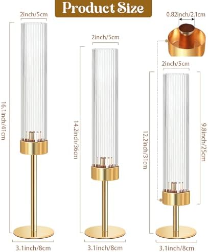 Metal & Acrylic Taper Candle Holders Set of 3 with Ribbed Design - Hurricane Clear Cylinder Candelabra for Wedding, Christmas, Party, Dining Table Centerpiece Decor (Gold, Set of 3) - Image 2