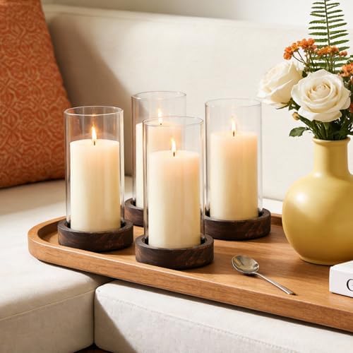 Ronasip Set of 4 Hurricane Candle Holders - 4.6x7.8 Inch Rustic Wooden Base with Glass Cylinder, Brown Pillar Candle Holders for Wedding Centerpieces, Home Decor, Table & Mantel Decorations - Image 3