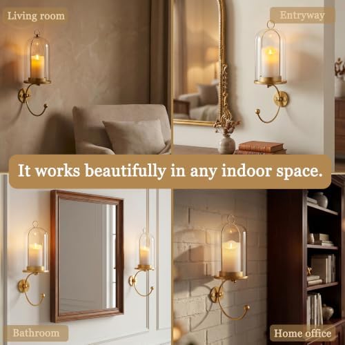 Metal Wall Hurricane Glass Candle Sconce Holder for Pillar Candle & Plant, Modern Farmhouse Decor Candle Lantern with Hand Towel Rack (Gold) - Image 2