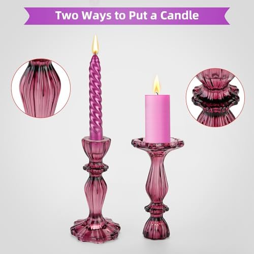 Glass Candle Holders, 2PCS Wide Base Candlestick Holder Decorative Candle Stand Table Centerpieces for Halloween Christmas Wedding Birthday Party, Dark Purple - Image 3