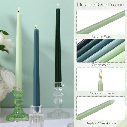 Nuanchu 16 Pcs Taper Candles, 10 Inch Tapered Smokeless, Gradient Green - Image 3