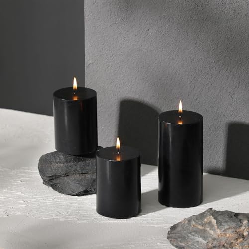 3x4 Inch Black Pillar Candles Set of 3 - Decorative Unscented Pillar Candles, Long Burning Dripless Candle for Home Decor, Smokeless Large Pillar Candle for Wedding, Dinner, Christmas, Halloween Decor - Image 2
