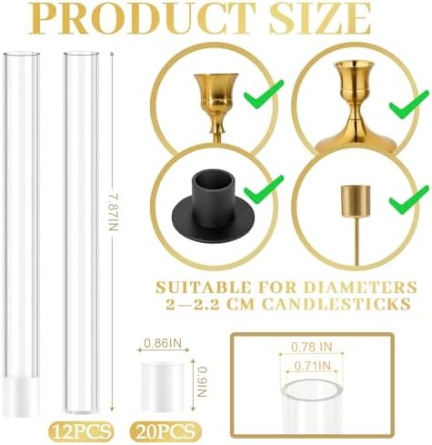 12 Pack 7.9” Acrylic Bud Vase — Cylinder Bud Vase for Taper Candlesticks, Flower Vase with Silicon Rubber Case Fits Candlestick Size 20-22mm, Perfect for Tablescapes, Weddings & Home Decor - Image 2