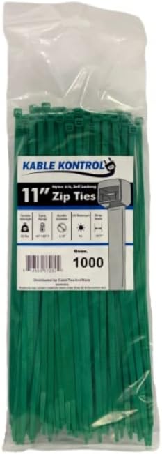 Kable Kontrol Green Zip Ties 11 Inch 1000 Pcs, 50 Lbs Tensile Strength, Self-locking Nylon Colored Cable Ties Wire Wraps for Indoor or Outdoor Use