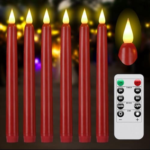 Flameless Taper Candles with Remote Control and Timer, Battery Operated LED Candlesticks with Flickering 3D Flame, 9.6×0.8 Inches Plastic Tall Candles for Christmas, Wedding and Home Decor (Red, 6) by PILLOBOX