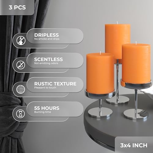 CANDWAX 3x4 inch Pillar Candles Set of 3 – Unscented Dripless Rustic Orange Candles for Fall Events, Halloween Decor, Thanksgiving Centerpieces, Wedding Décor - Image 4