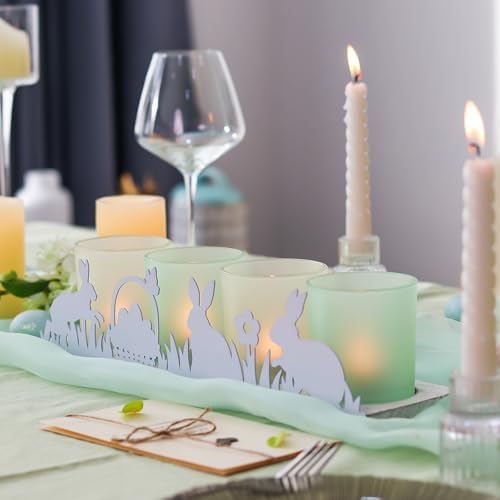 Spring Votive Candle Holder Set, Includes 4 Glass Candle Holders & 1 Wooden Tray with Metal Bunny Decor for Table Centerpiece Decorations and Indoor Outdoor Home Decor - Image 3