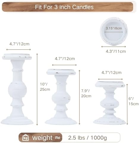 Set of 3 Rustic White Wood Pillar Candle Holder - Image 2