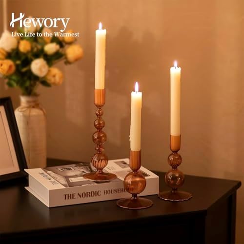 Hewory Glass Candlestick Holders Set: 3PCS Brown Taper Candle Holders Bulk - Image 2