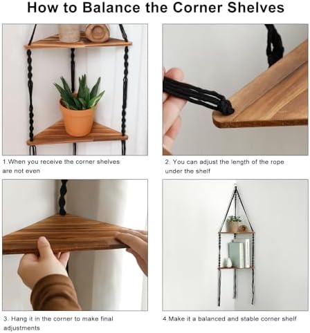 Artilady Corner Shelf Macrame Wall Hanging Balck, Boho Wood Storage Decor - Image 4