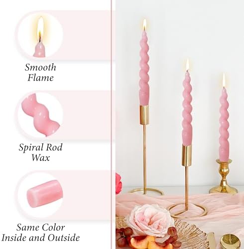 7.5 Inches Spiral Taper Candles Colorful Twisted Candle Dripless Long Candles, Handmade Candlesticks for Wedding Dinner Decor, Set of 4(Pink) - Image 3