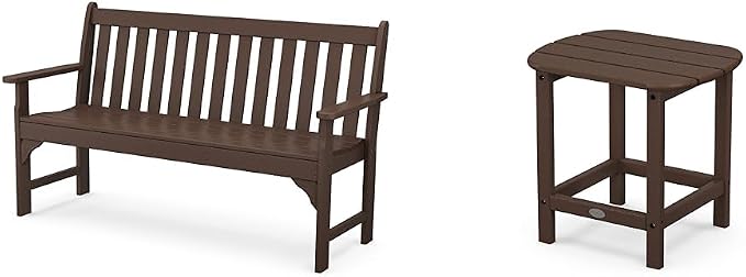 Polywood 60" 3-Person Vineyard Bench and 18" South Beach Side Table Bundle, Mahogany