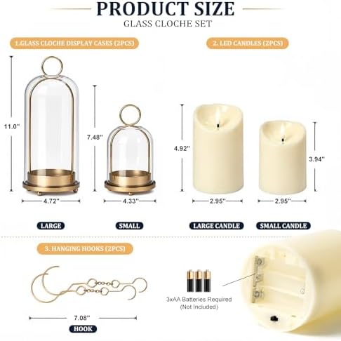 Brass Hurricane Handmade Sturdy Glass Dome Candle Holders with Glass Cover, Set of 2 Flameless Battery Operated LED Pillar Candles and Remote, Elegant Cloche Lantern for Modern Table Centerpiece - Image 5