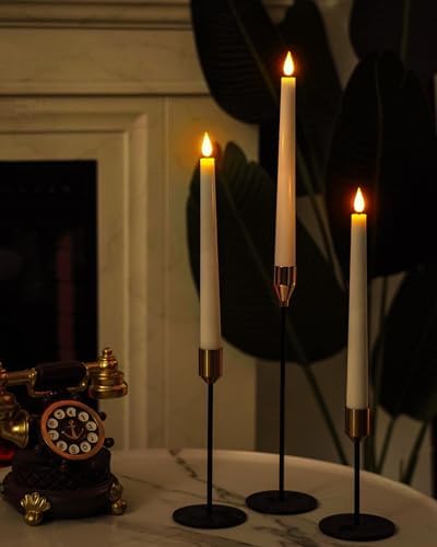 Homemory 12 Pcs Waxy Flameless Taper Candles with Remote, Led Flameless Candlesticks Classic Tall Candle, Flickering Battery Operated Taper Candles for Bedroom, Dining Room, White, 9.6 inches - Image 3