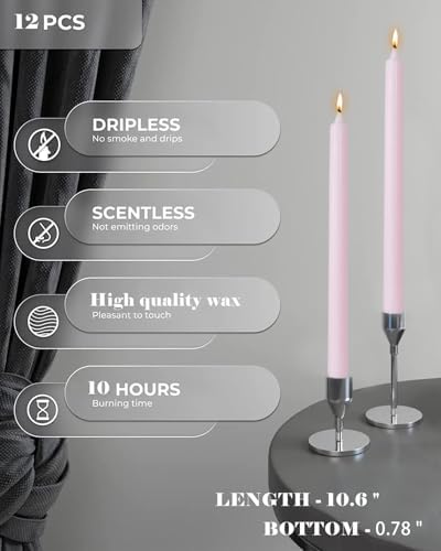 Pink Taper Candles Set of 12 Unscented Dripless Smokeless Long Tall Tapered Candlesticks Wedding Advent Home Decor Dinner Christmas-Natural Color Series-10.6 Inch - Image 2