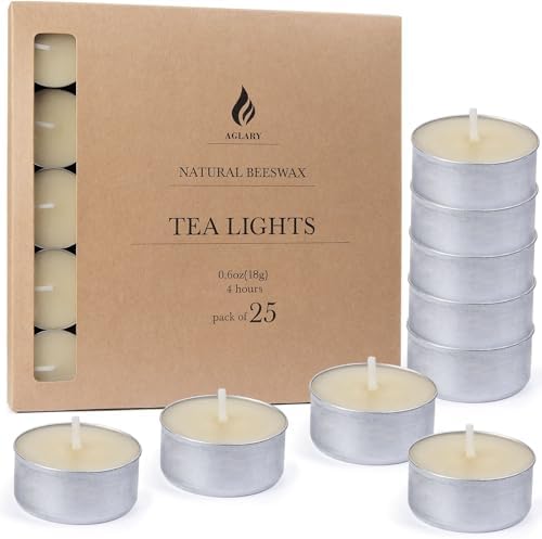25PCS Beeswax Tealight Candles, Cream White, Aluminum Cups, 4H Burn by Aglary