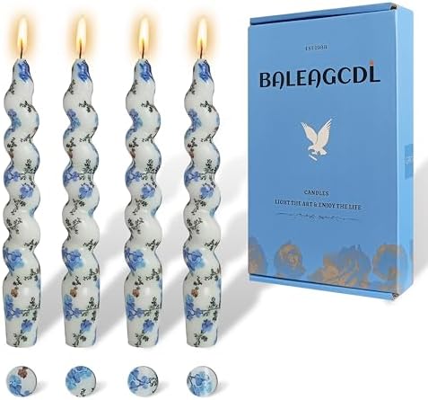 Spiral Print Taper Candles-Blue Floral Blend Pattern Unscented Candle 7.5Inch Flower Short Tapered Candlestick for Family Gatherings Weddings Restaurant Holiday Decorations Set of 4 by YUKCAXDLS