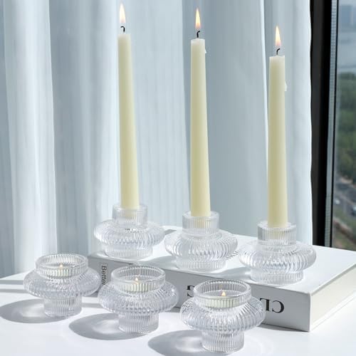 VOHO 12pcs Taper Candle Holders Ribbed Glass, Clear Candle Holder Stackable - Image 3