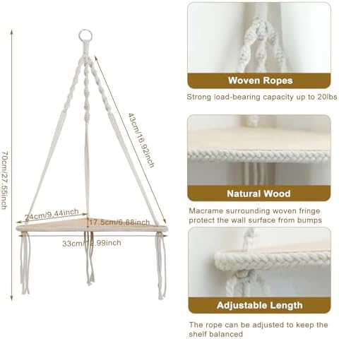 Artilady Macrame Corner Shelf Wall Hanging, Boho Floating Shelves Storage - Image 2