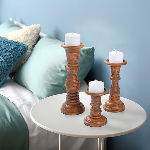 Mela Artisans Jharana II Wood Candle Holders - Medium Polish, Set of 3 - Image 5