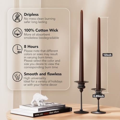 New Burning Formula Unscented Dripless 12-Inch Taper Candles Set of 12 - Cocoa Brown, for Wedding, Dinner - Smokeless, Long Burning - Hand Poured, Colored Tall Candlesticks - Marrón Cacao - Image 2