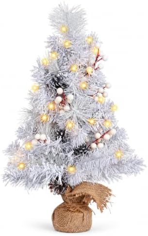 MEETYAMOR 2 FT Mini Christmas Tree, 24" Prelit White Small Artificial Tabletop Christmas Trees Decor with Lights Timer, Outdoor Indoor Porch Table Centerpieces Xmas Christmas Decorations by MEETYAMOR