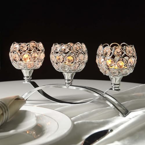 Crystal Tealight Candle Holder Centerpiece Home Decorative Candlestick Holder Elegant Table Centerpiece Home Decor Wedding Party Anniversary (Silver, 3 Arm of 4 Pcs) - Image 6