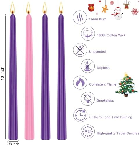 Christmas Advent Candle Set (Set of 4), 10 Inch Christmas Wax Taper Candles, 8 Hours Long Burning Time Dripless Unscented Dinner Candle, 3 Purple & 1 Pink - Image 2