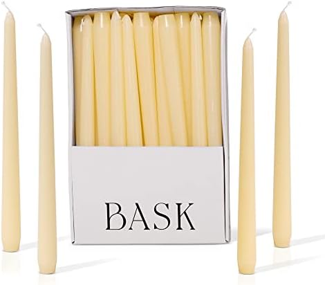 Bask 10-inch Taper Candles - Unscented and Dripless - Burns for 8 Hours - Home Decor for Dinner Table, Kitchen, and Bedroom - Perfect for a Romantic Date or Anniversary - 30-Pack - Ivory by BaskCandles