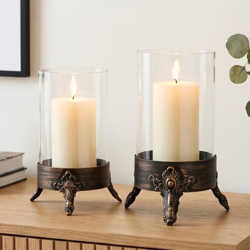 Set of 2 Hurricane Glass Candle Holders, Glass Dome & Metal Base by Singhoow