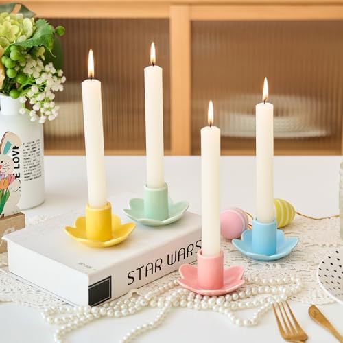 Colorful Ceramic Candlestick Holders Set of 4, Cute Easter Taper Candle Holders Chic Flower Shaped Table Centerpiece for Wedding Festive Spring Party or Home Decor (Flower Style) by VIRFONOR