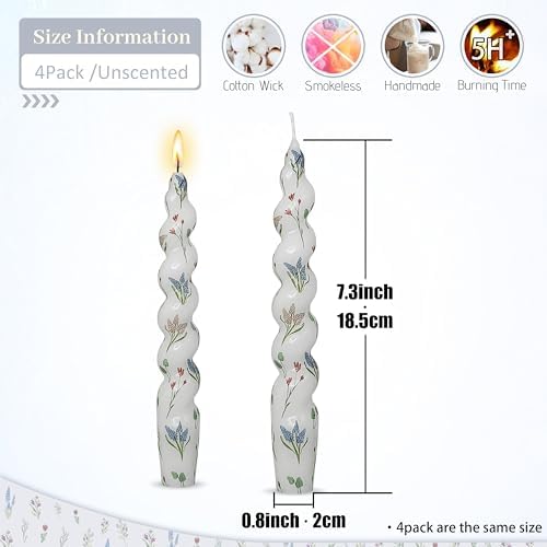 Spiral Print Taper Candles-Mixed Floral Print Unscented Candle 7.5Inch Flower Short Tapered Candlestick for Family Gatherings Weddings Restaurant Holiday Decorations Set of 4 - Image 2