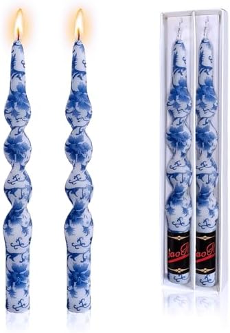 NJAO HOO Floral Taper Candles 10 in Spiral Candlesticks Hand Printed Blue and White Candlestick Twisted Taper Candle for Home Garden Decor, 2Pcs by NJAOHOO