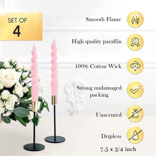 MAITREYA Pink Spiral Taper Candles - Handmade Twisted Conical Candles, Set of 4 for Decoration, Weddings, Parties, Church - Unscented, Dripless, 7.5 inch (Baby Pink) - Image 4