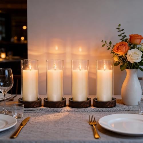 Ronasip Set of 4 Hurricane Candle Holders - 4.6x7.8 Inch Rustic Wooden Base with Glass Cylinder, Brown Pillar Candle Holders for Wedding Centerpieces, Home Decor, Table & Mantel Decorations - Image 6